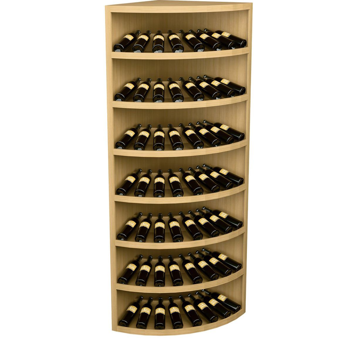 Pale yellow wooden corner wine rack with 7 curved tiers filled with bottles
