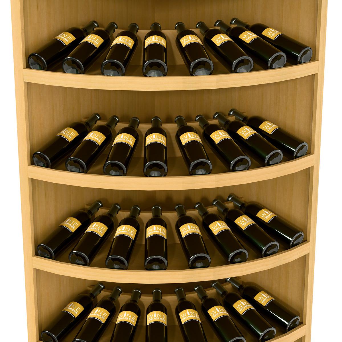 Corner wine display cabinet with 4 curved tiers holding 56 dark wine bottles