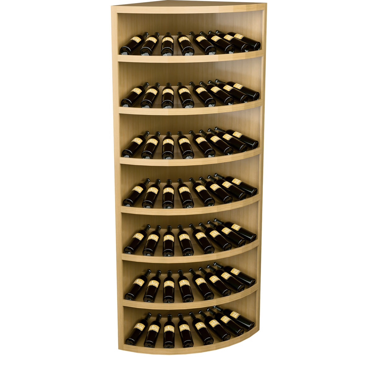 7-tier wine bottle display rack with curved shelves, pale wood cabinet