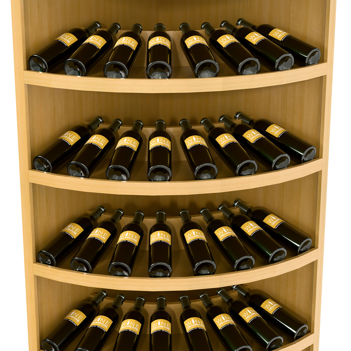 Light wood corner wine display rack with curved tiers for dark bottles