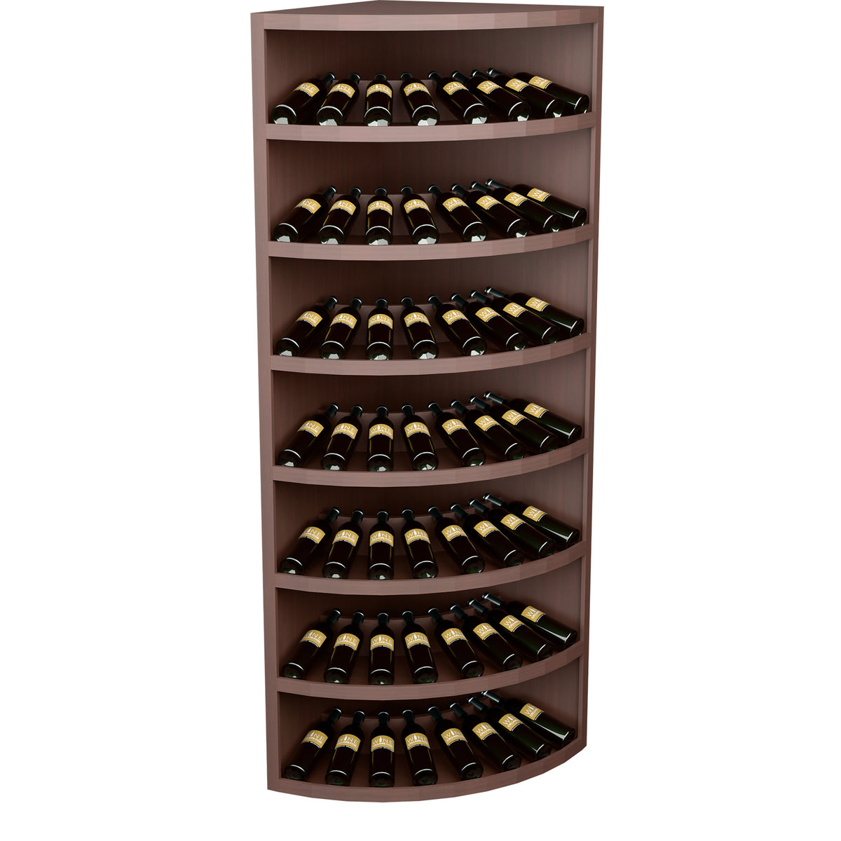 Solid wood corner wine rack with 7 curved shelves, holds 56 bottles, dark brown finish.