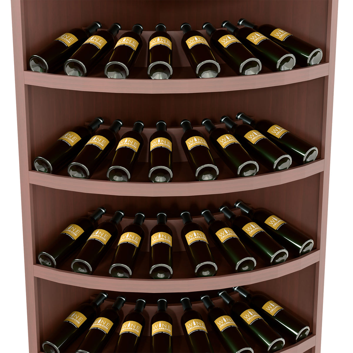 7-tier corner wine bottle display with dark wood curved shelves