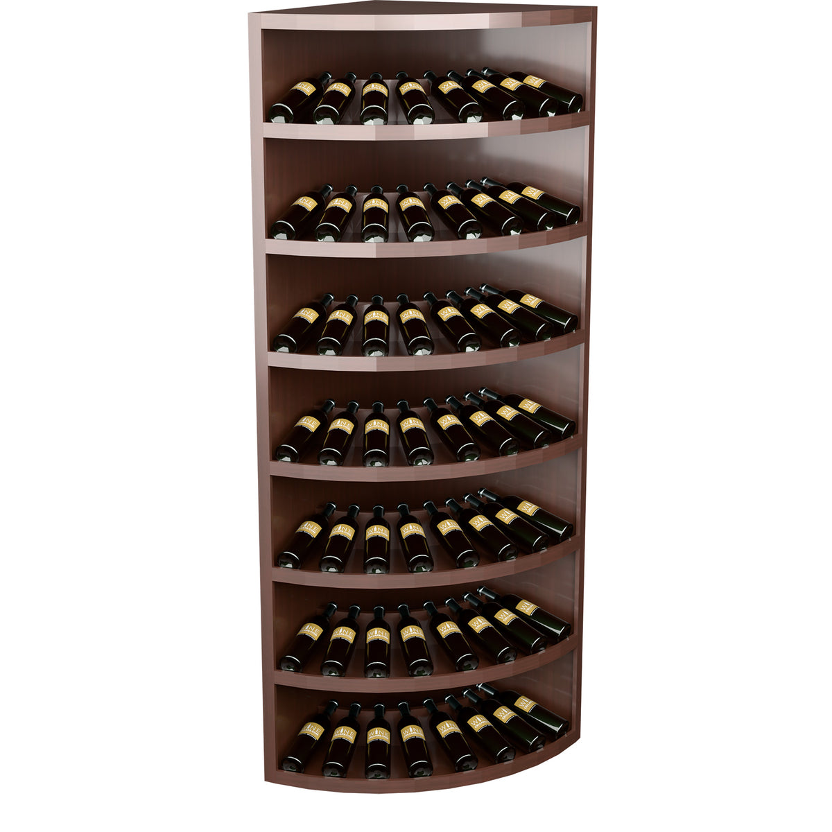 Dark brown curved 7-tier wine display rack with bottle slots for dark bottles