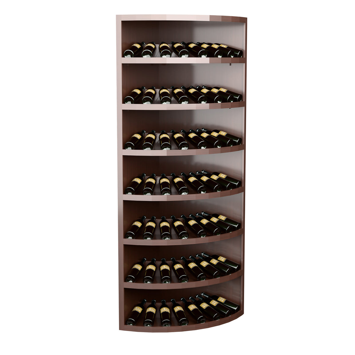 Medium-brown curved 7-tier wine display rack with bottle slots for dark bottles