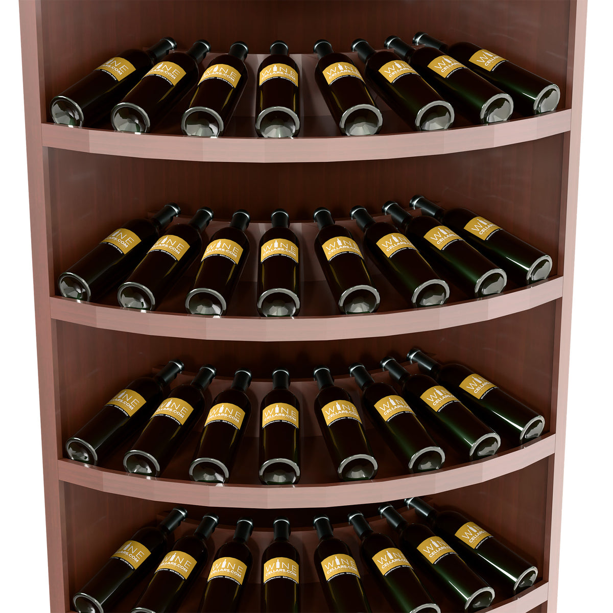 Medium-brown corner wine display rack with curved shelves for dark bottles