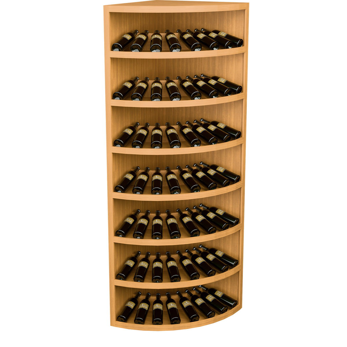 Honey-toned wooden corner wine rack with 7 curved tiers and arranged bottles