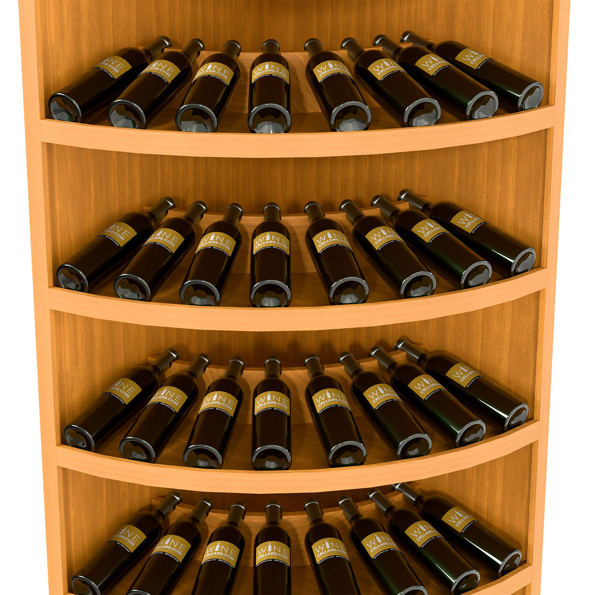 7-tier corner wood wine rack with curved shelves holding bottles