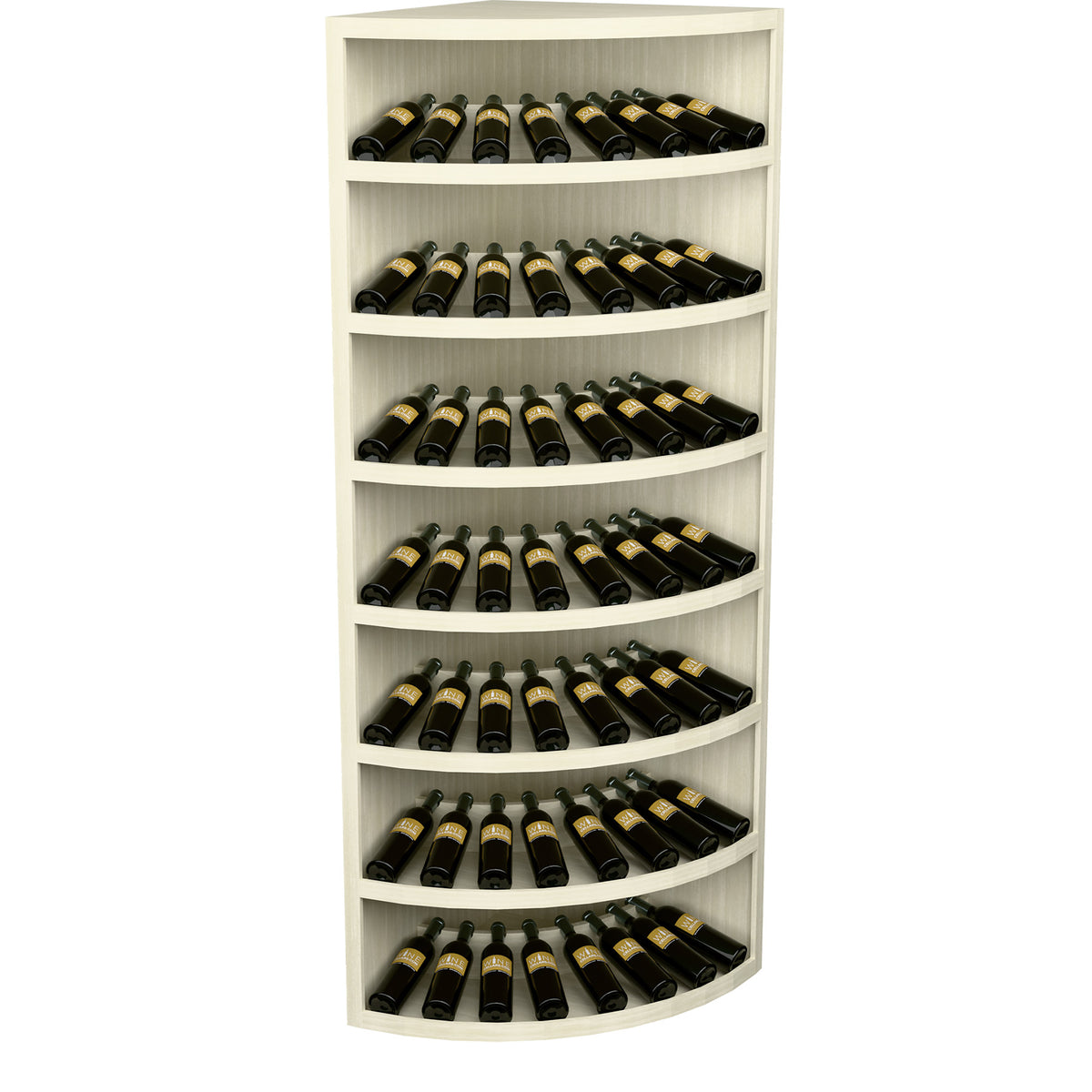 White wood wine bottle display cabinet with 7 curved shelves for storing bottles.