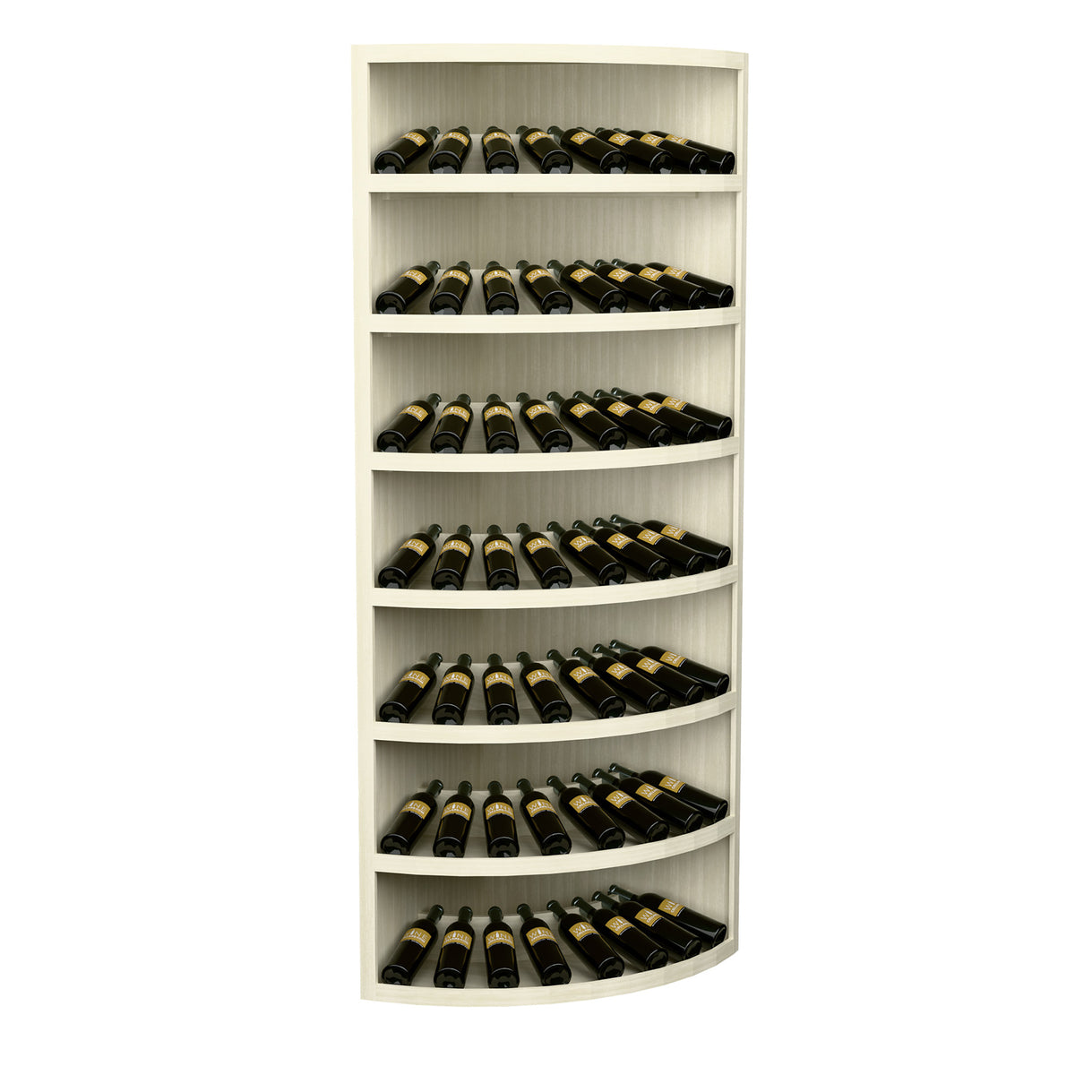 White 7-tier corner wine bottle display cabinet with curved bottom shelf.