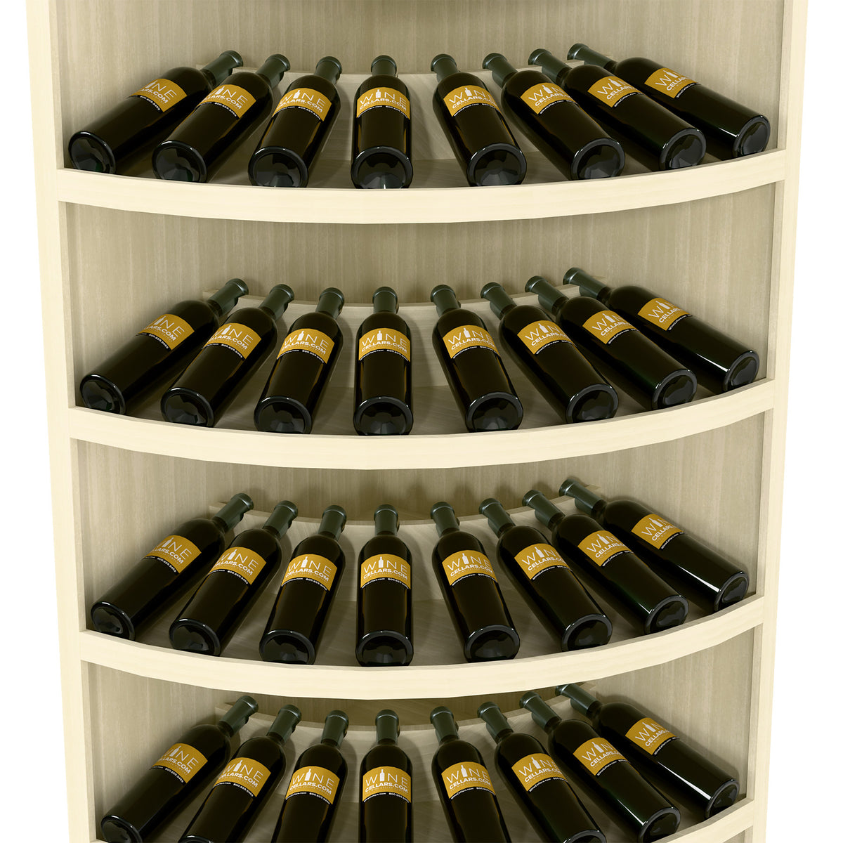 7-tier solid wood corner wine bottle display rack, 56 bottles, curved shelves, pale wood