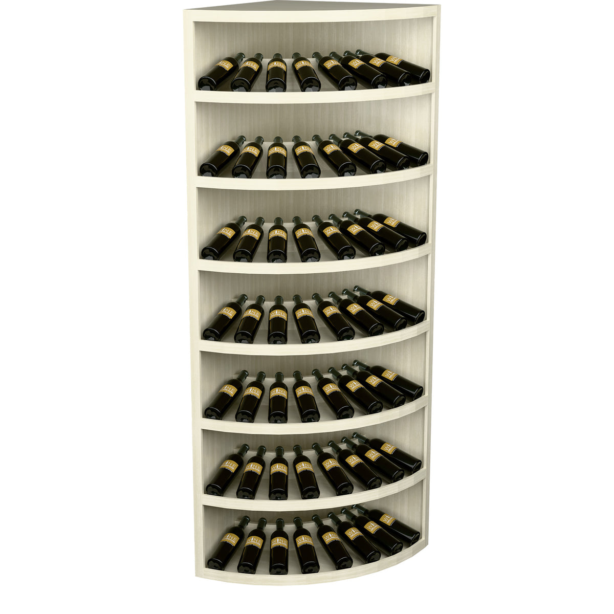White wood 7-tier wine bottle display rack with curved shelves for bottles