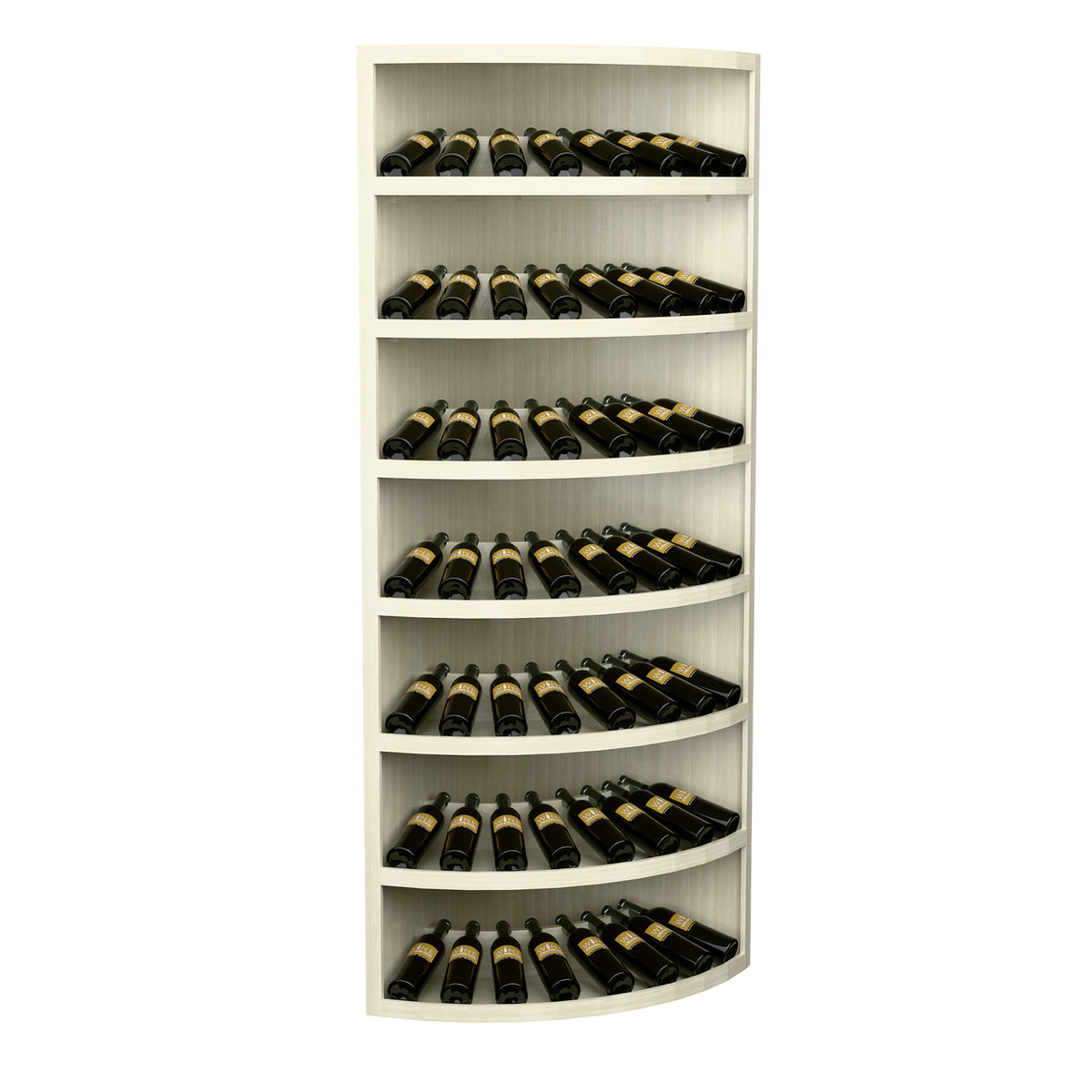 Light wood 7-tier wine bottle display rack with curved shelves for bottles