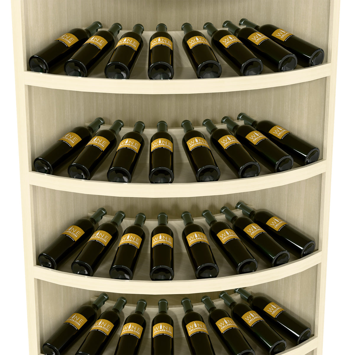 Light wood corner wine display rack with curved shelves holding dark bottles