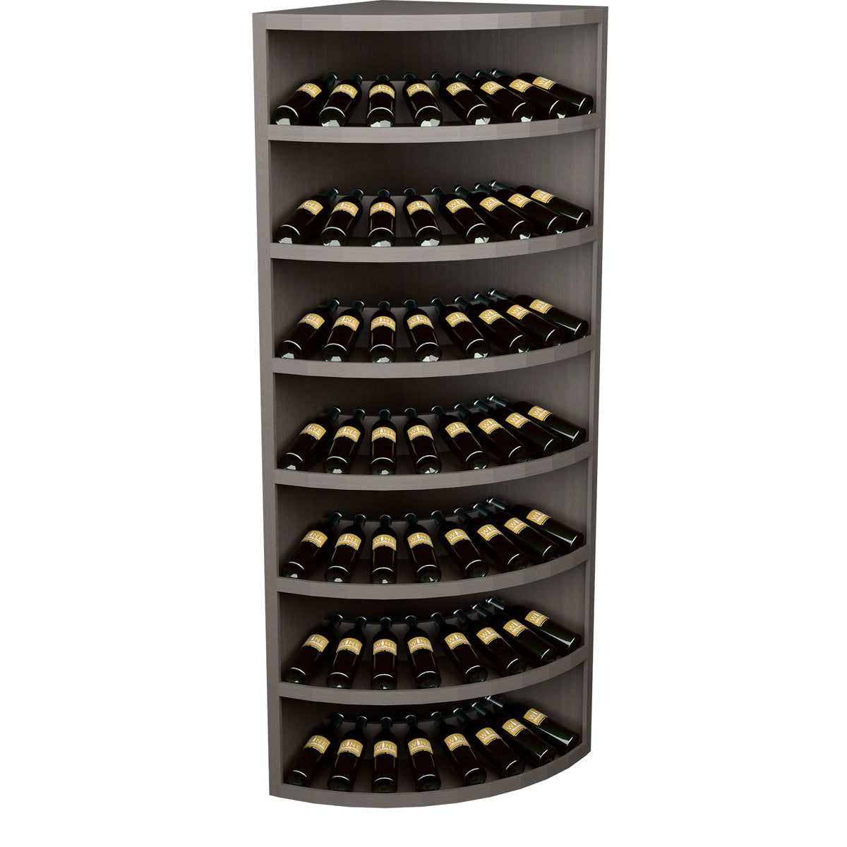 Charcoal gray 7-tier corner wine bottle display cabinet with curved bottom shelf.