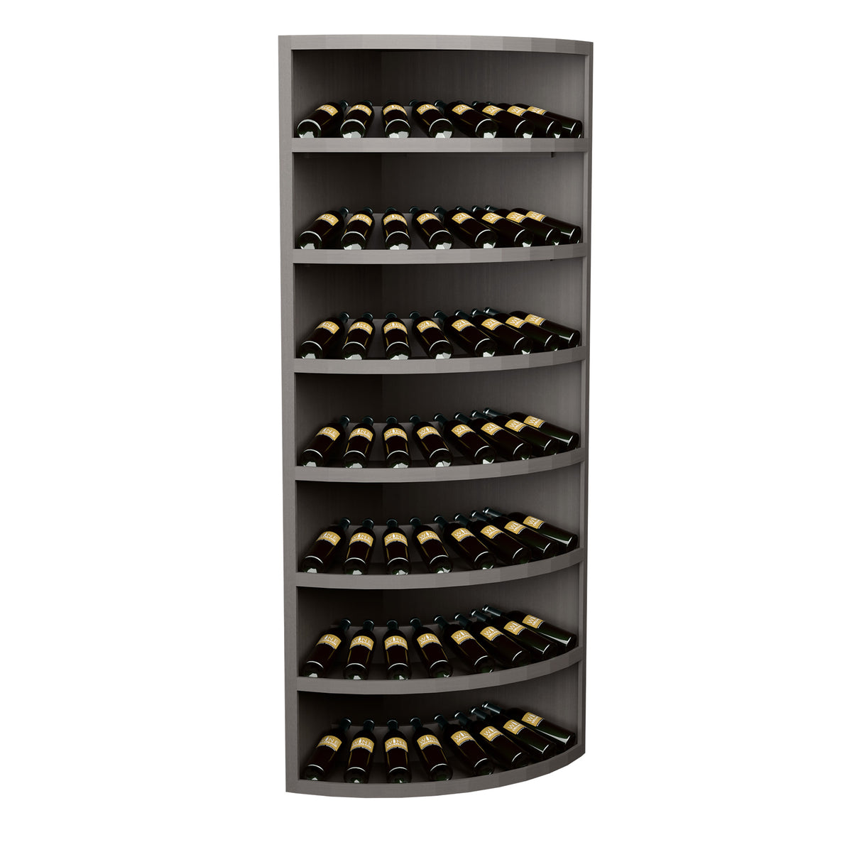 7-tier corner wine display rack with curved bottle shelves, gray-toned wood finish