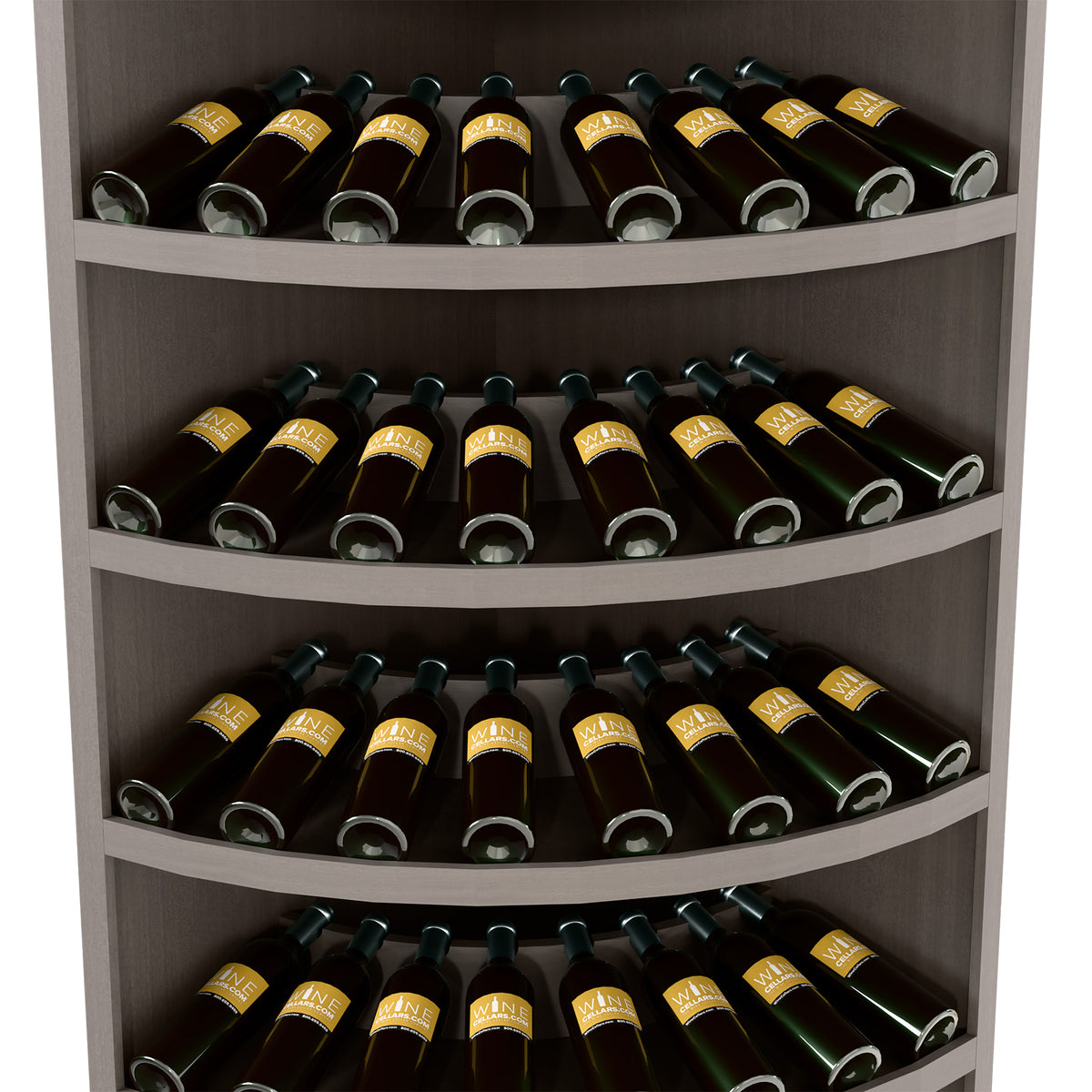7-tier corner wine bottle display with dark wood curved tiers of bottles