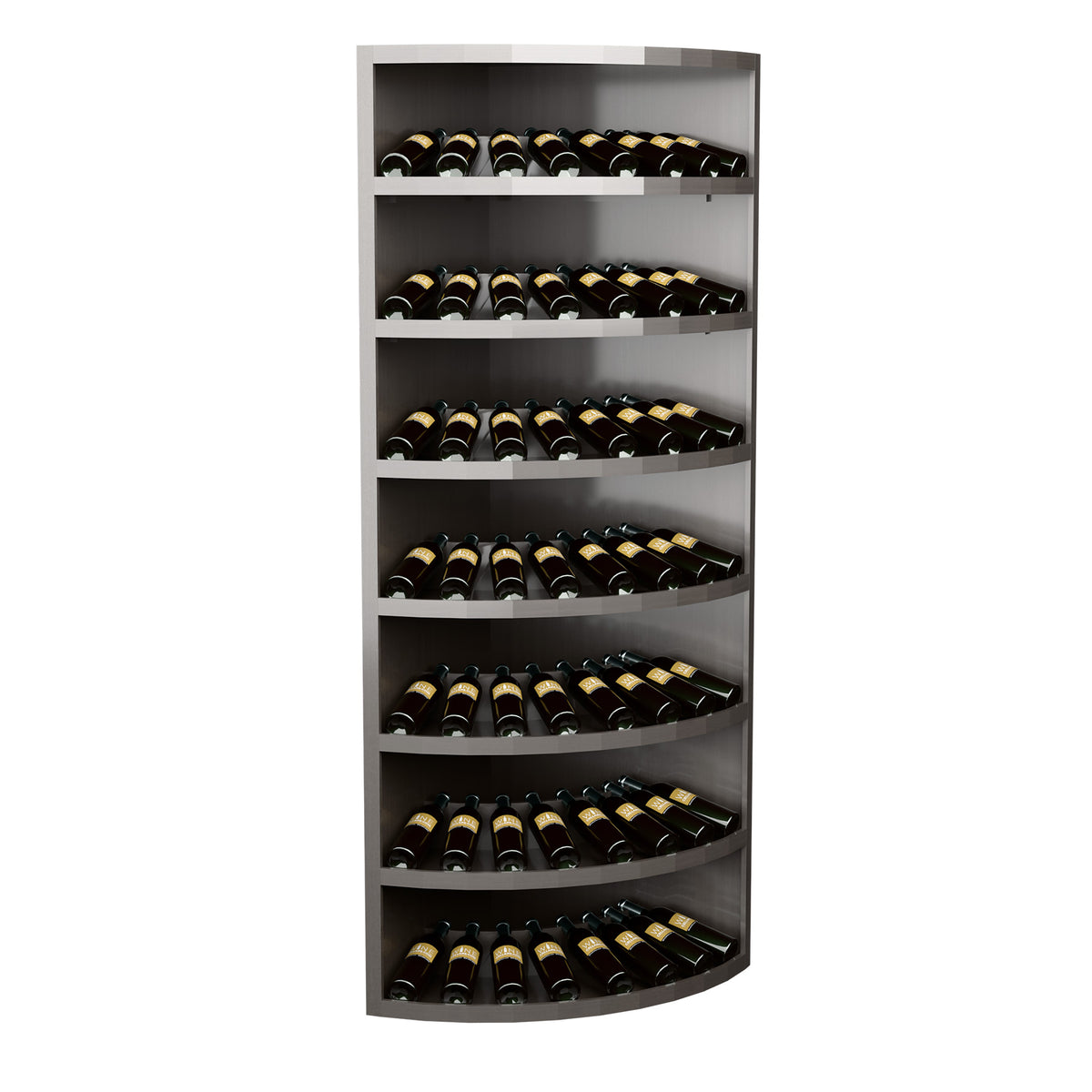 7-tier corner wine display rack with curved shelves, light gray wood and filled wine bottles