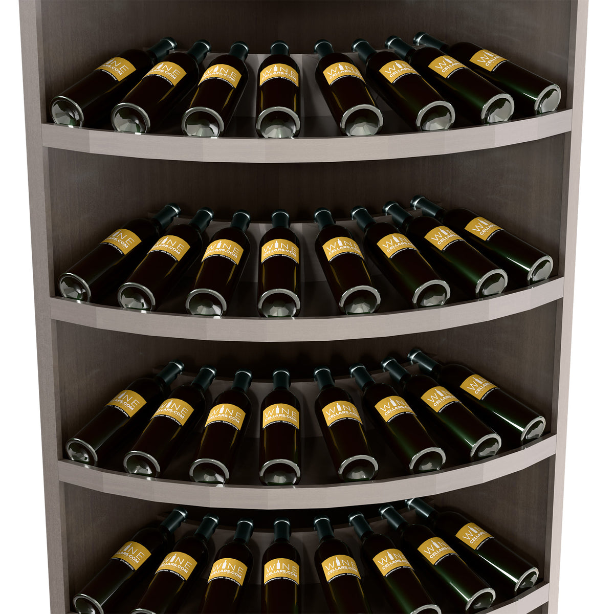 7-tier corner wine display rack with curved shelves, brown wood and rowed wine bottles