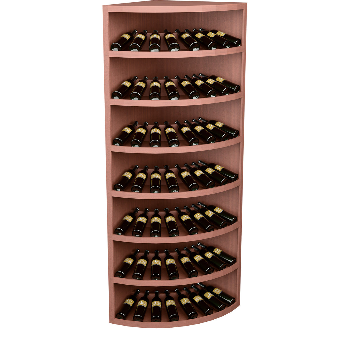 Rosewood-tone 7-tier wine bottle display cabinet with curved shelves and bottles inside.