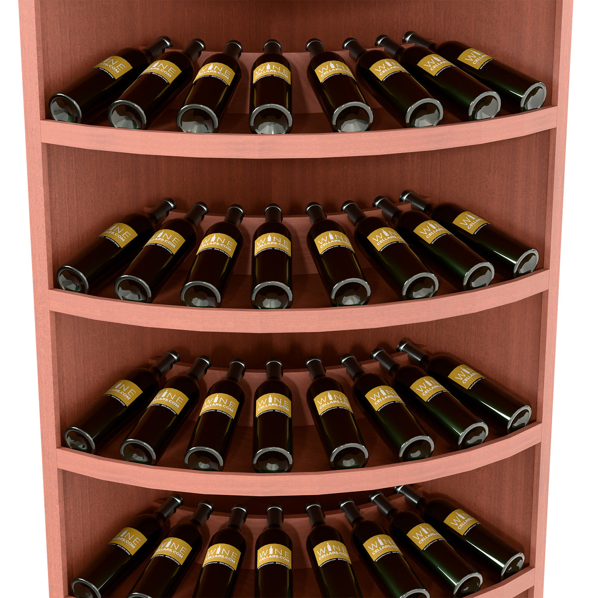 Tiered wine bottle display cabinet with curved shelves, dark bottles, reddish wood finish.