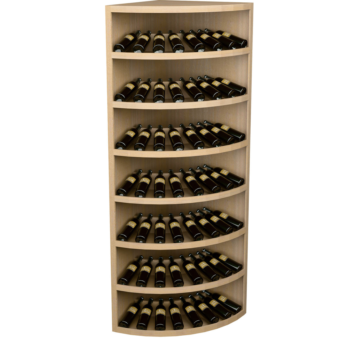 Wine bottle display rack, solid wood 7-tier design with arched shelves, light natural finish