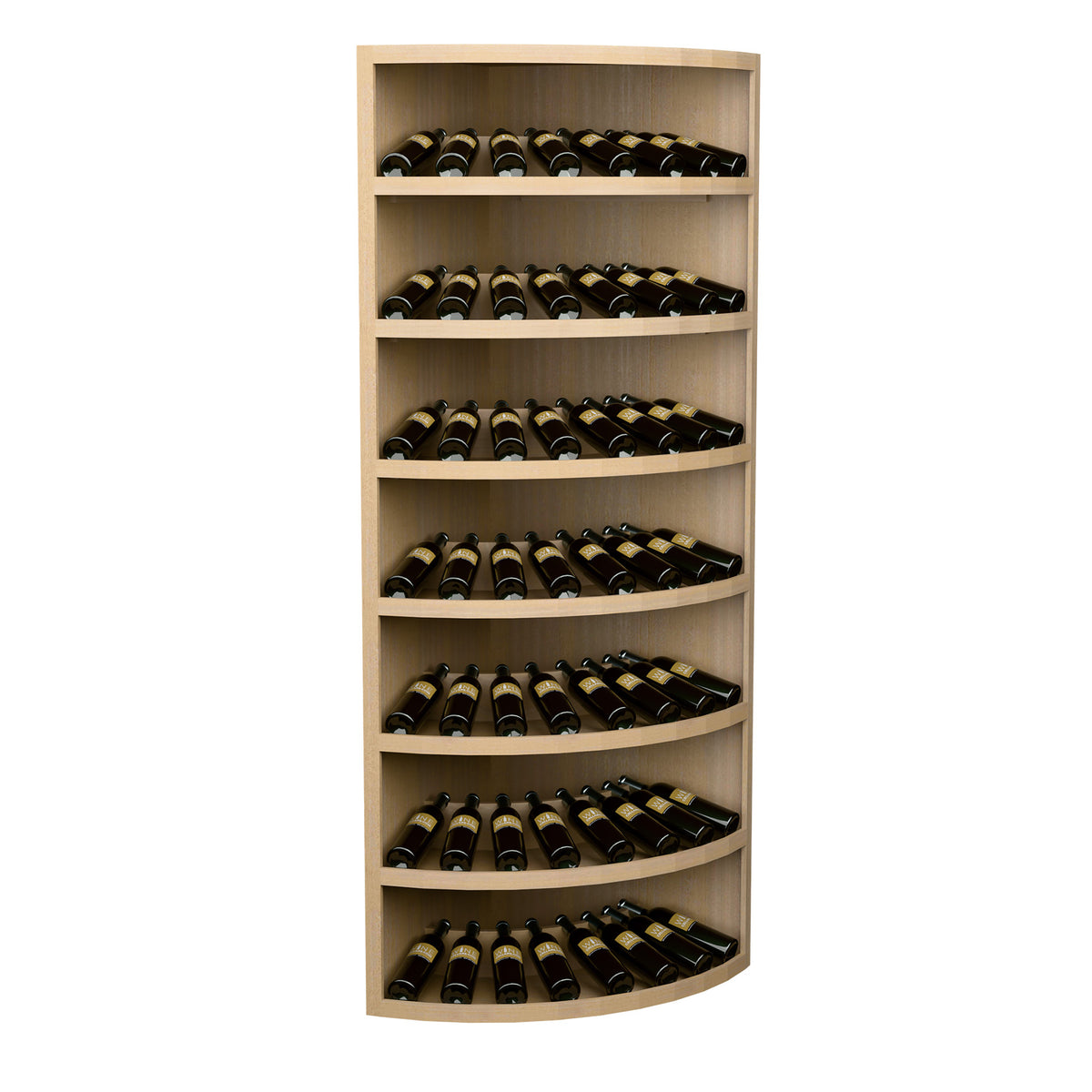 Light oak corner wine rack with 7 curved tiers holding wine bottles