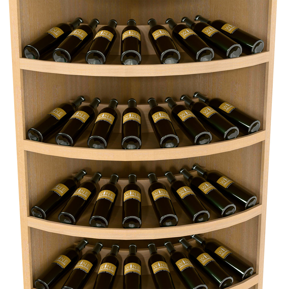 Corner wine display cabinet with 4 curved tiers holding 56 dark wine bottles
