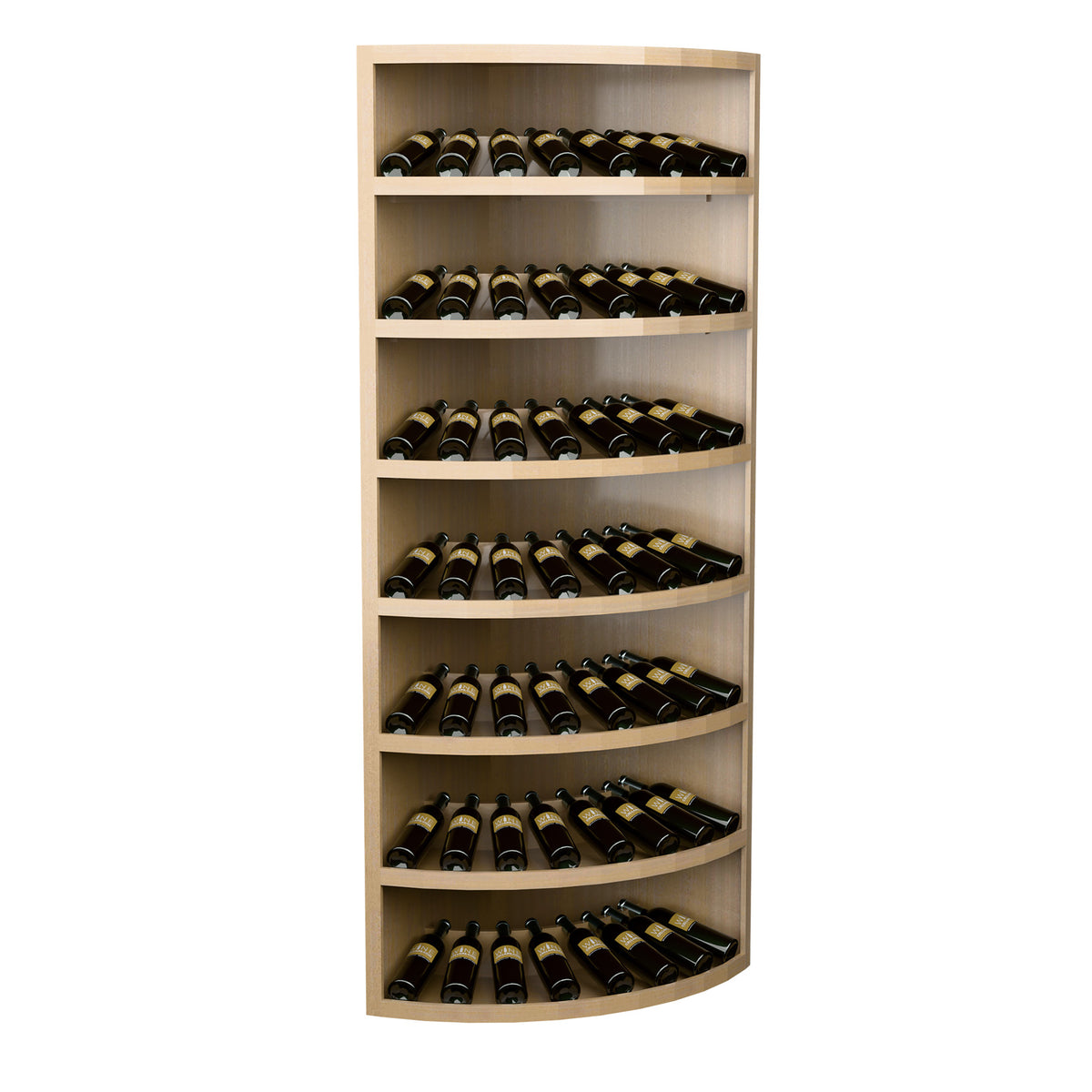 7-tier corner wine display rack with curved shelves, pale light wood and filled wine bottles
