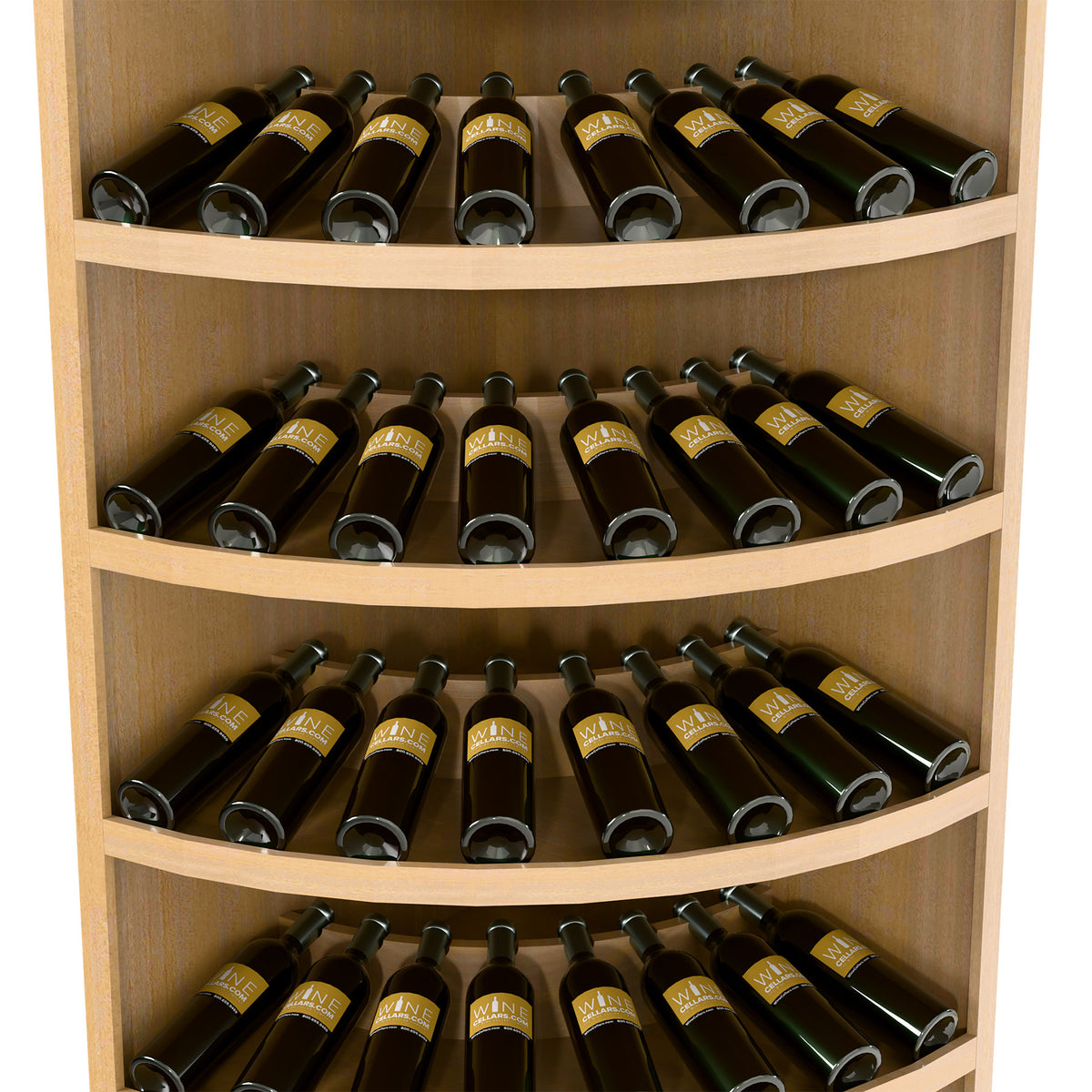 7-tier corner wine display rack with curved shelves, light wood tone and arranged wine bottles