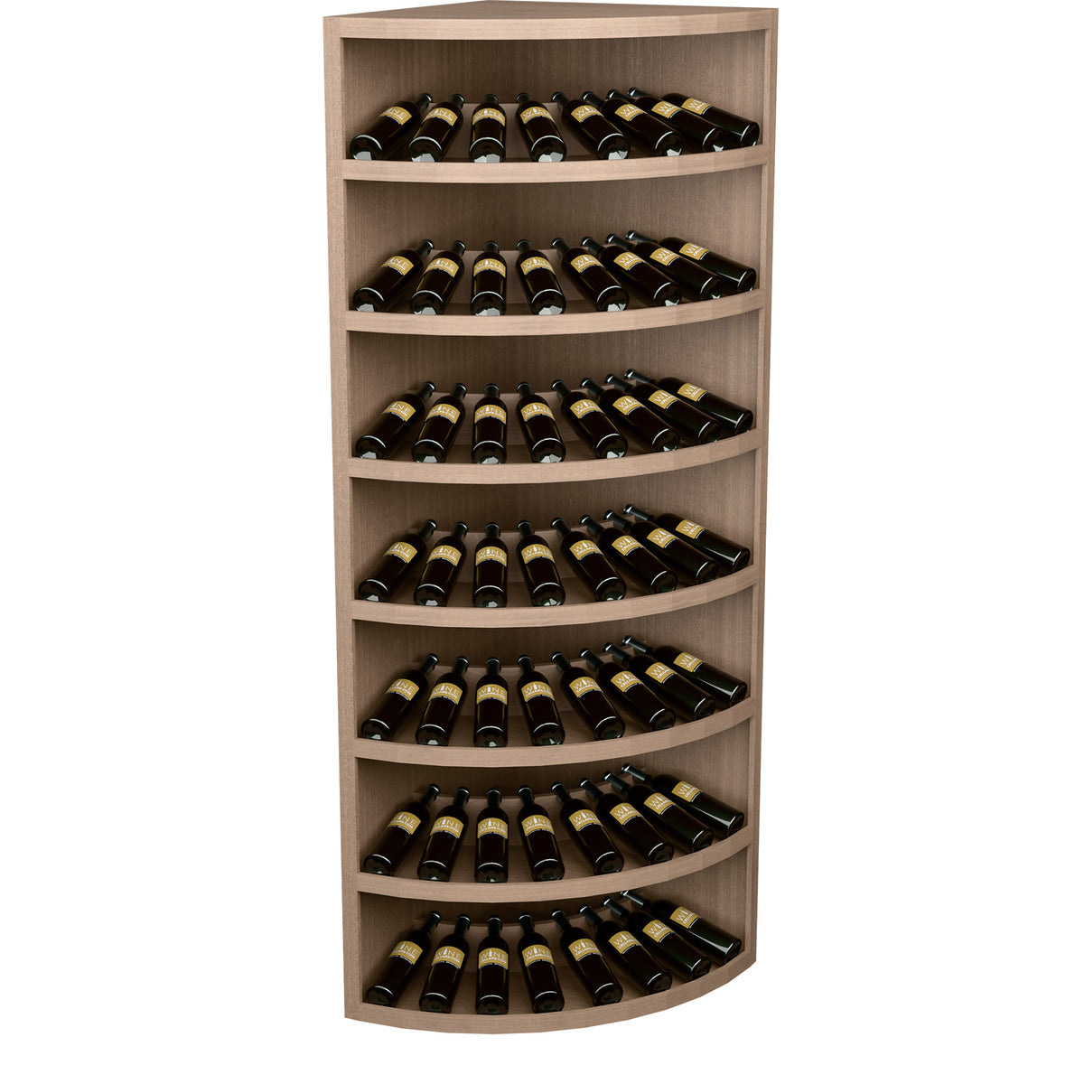 Natural wood wine bottle display cabinet with 7 curved tiers and bottle rows.