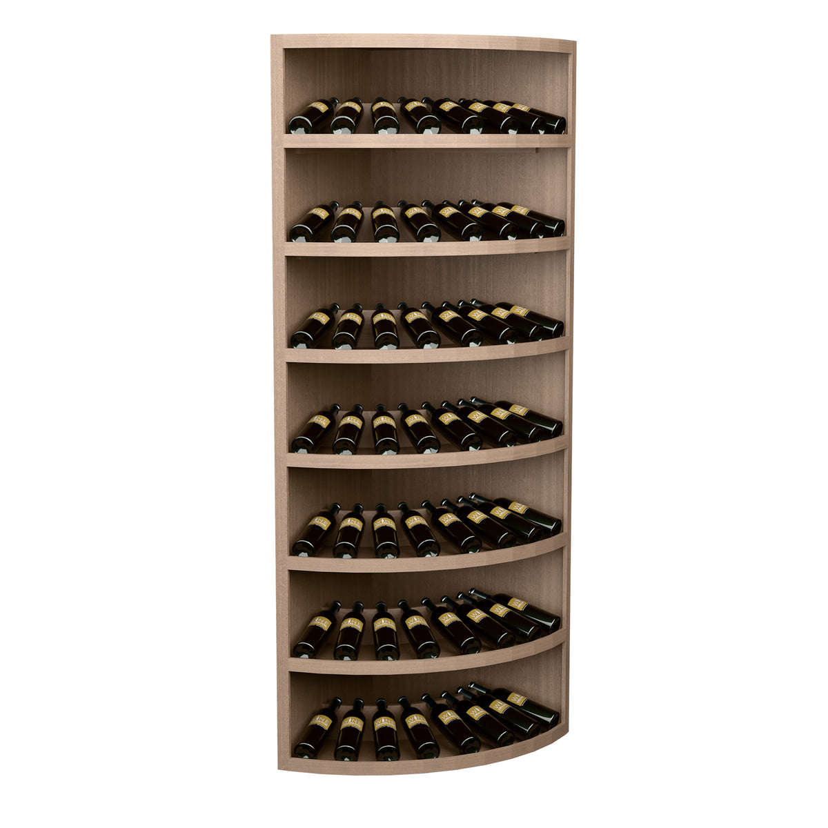Solid wood corner wine rack with 7 curved shelves, holds 56 bottles, warm brown finish.