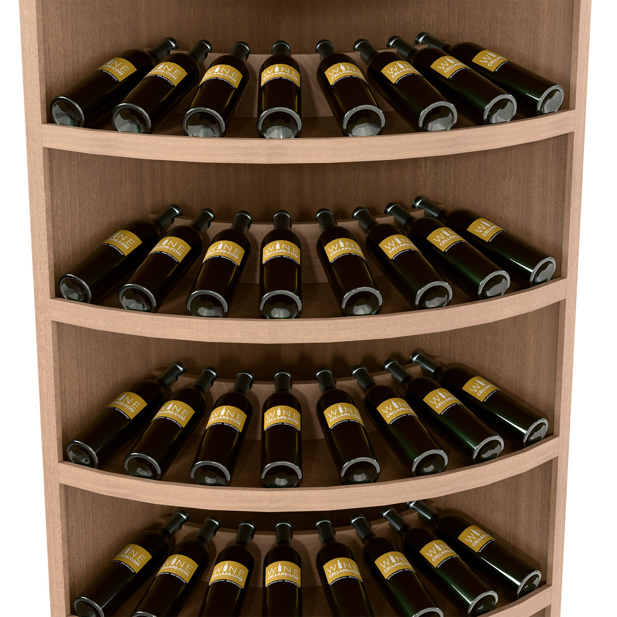 Corner wine display cabinet with 4 curved tiers holding 56 dark bottles