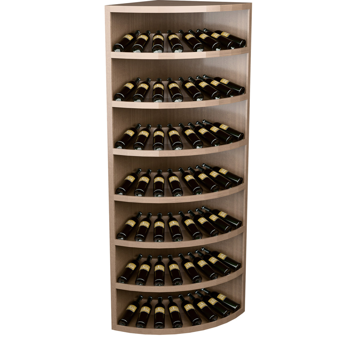 7-tier corner wine display rack with curved shelves, light wood and filled wine bottles