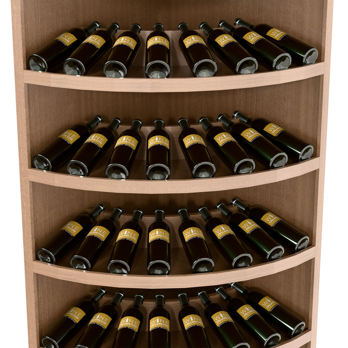 Curved 7-tier wine rack interior with dark bottles in individual rounded bottle slots