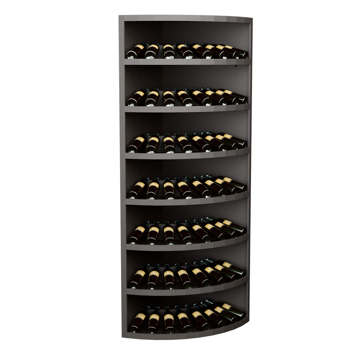 7-tier corner wine display rack with curved shelves and bottle storage, dark stained wood