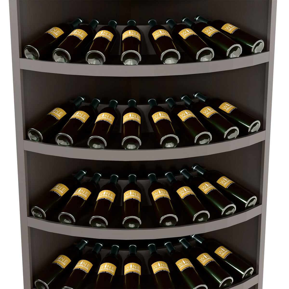 Close-up of dark wine bottle display rack with 7 arched tiers, bottles in front-row view