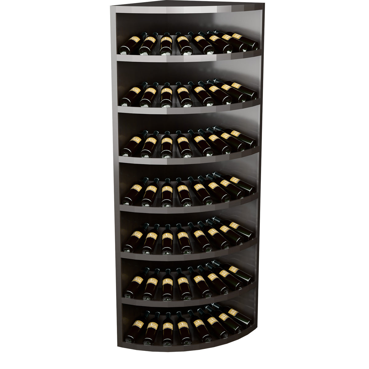Black 7-tier wine display cabinet with curved shelves and bottles arranged in rows