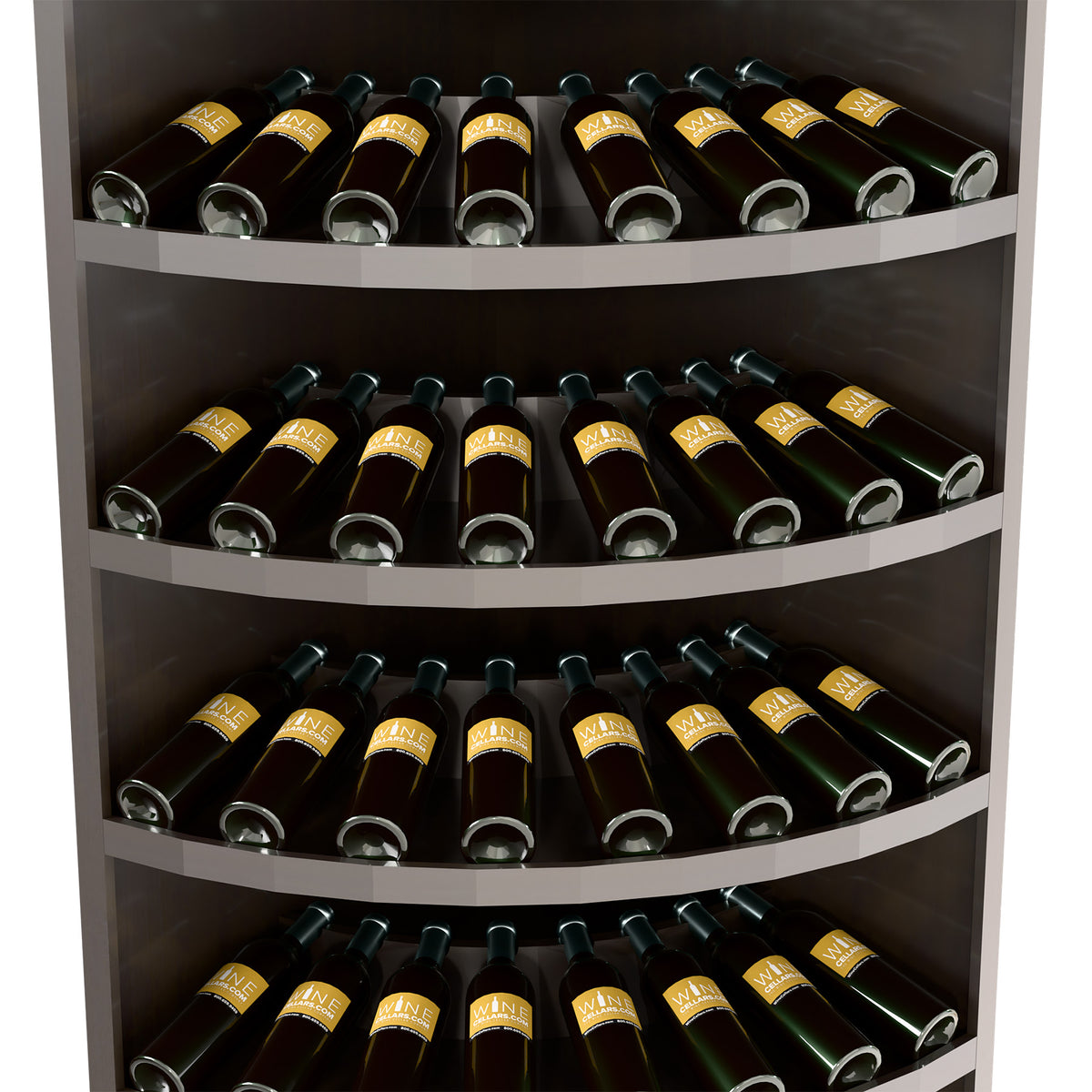 Close-up of curved 7-tier wine rack showing dark wine bottles in arched slots