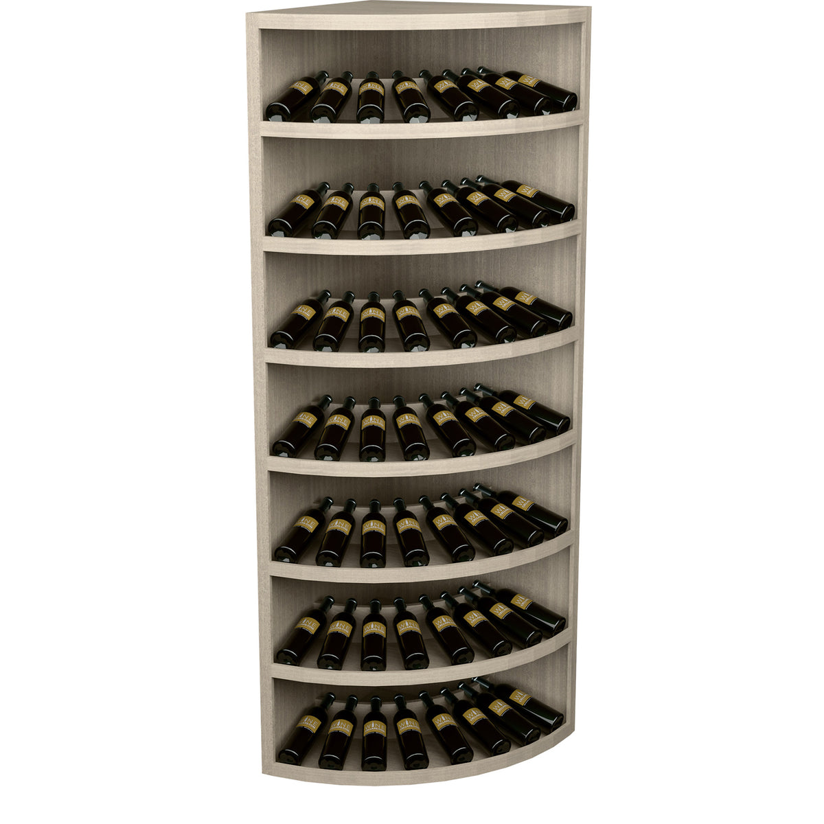 Whitewashed wooden corner wine rack with 7 curved tiers holding bottles