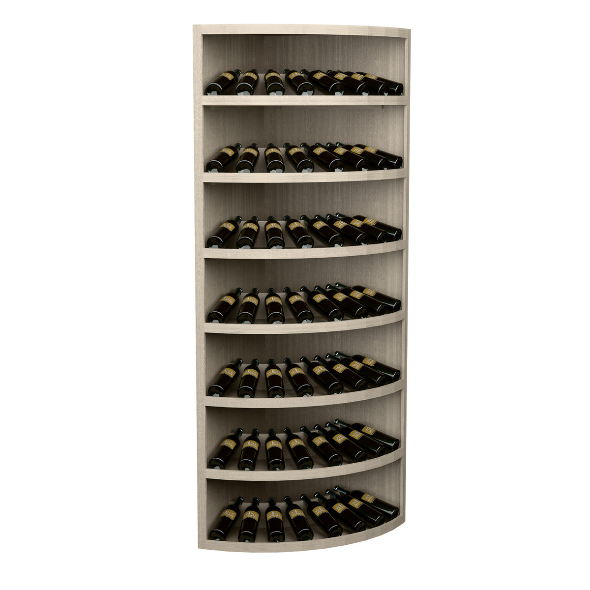Light gray 7-tier corner wine bottle display cabinet with curved bottom shelf.