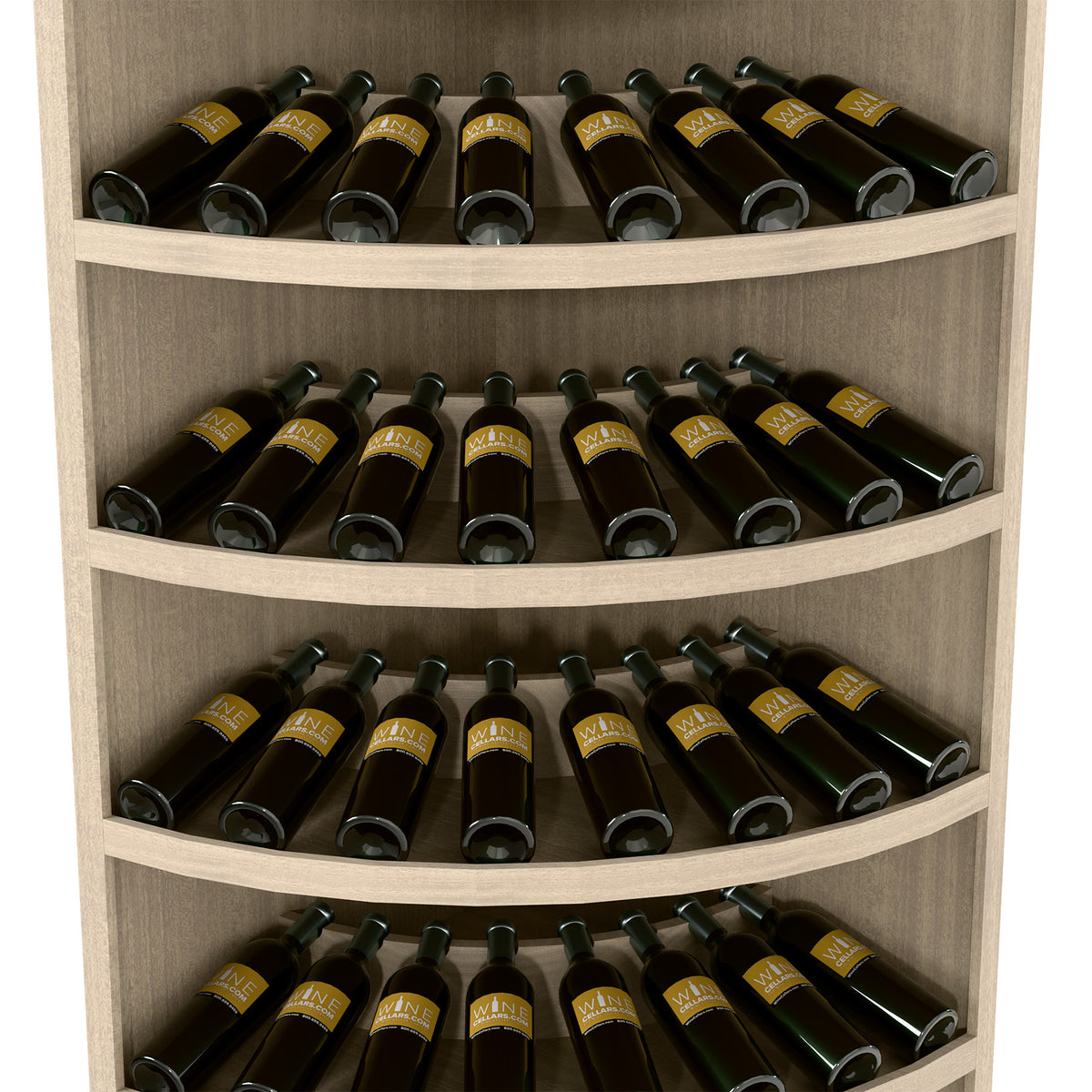 Neutral-toned 7-tier wine rack with curved shelves holding bottles