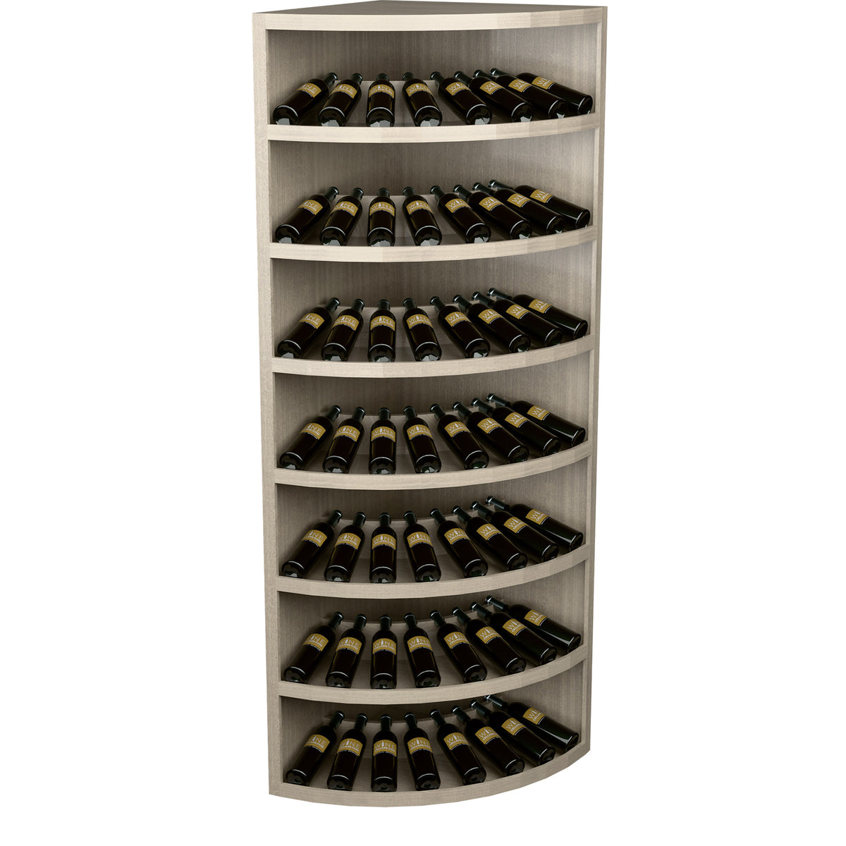 Light wood 7-tier wine display rack with curved bottom and rows of bottle storage
