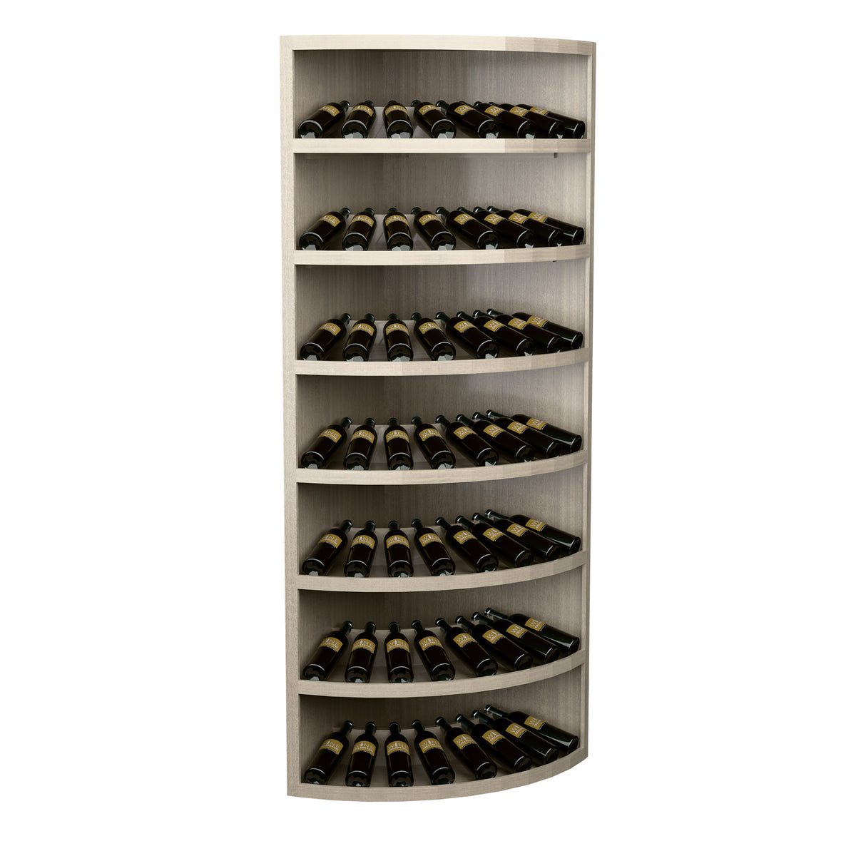 Light wood 7-tier wine display rack with curved shelves and bottles in each tier