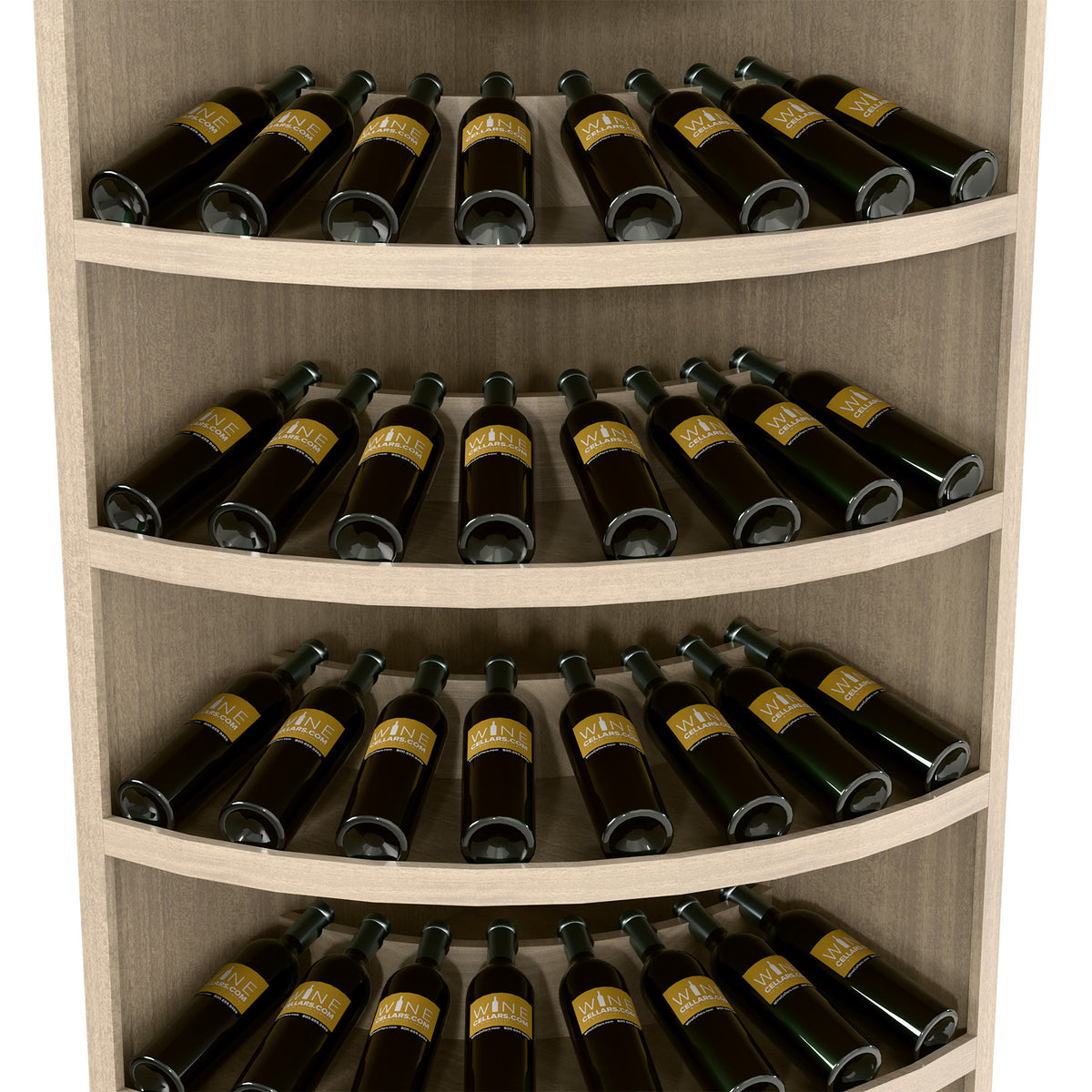 Close-up of light wood wine rack interior with arched shelves holding dark bottles