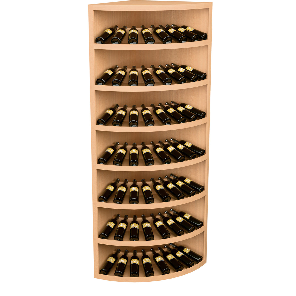 Light tan corner wooden wine rack with 7 curved tiers holding wine bottles