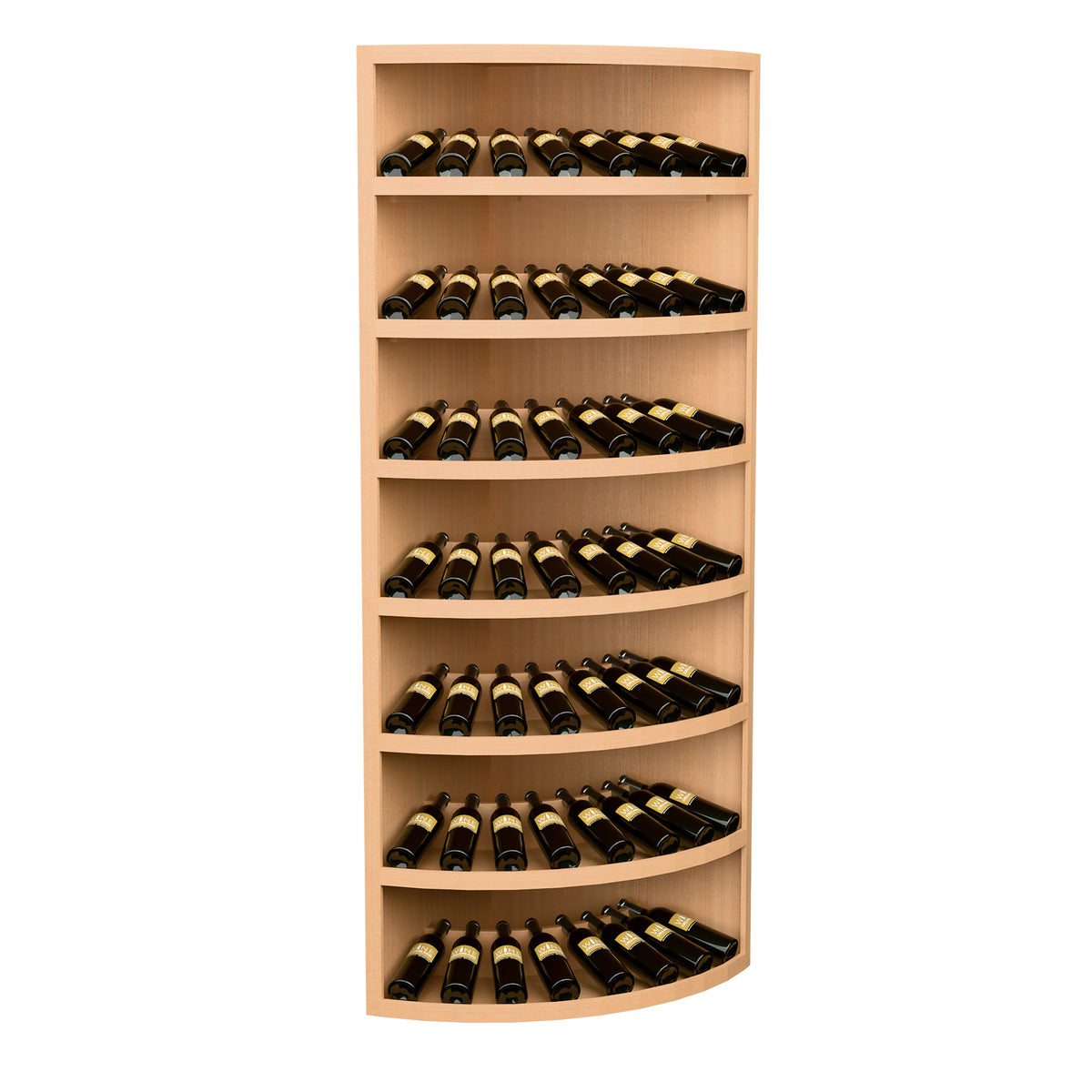 Solid wood corner wine rack with 7 curved shelves, holds 56 bottles, light natural finish.