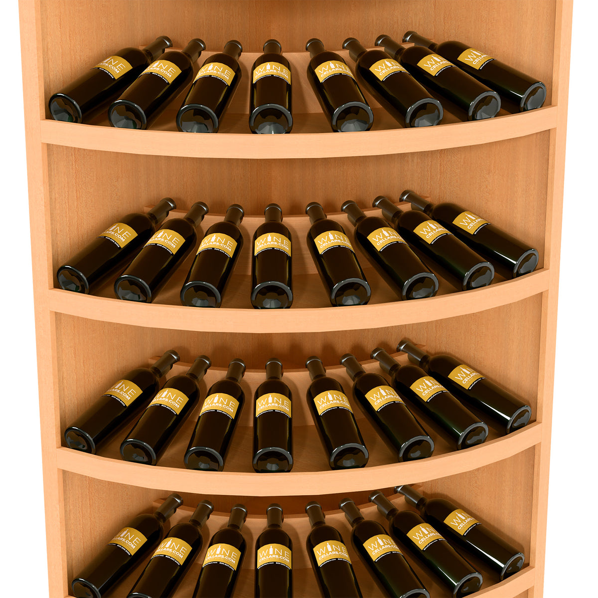 Warm wood 7-tier corner wine rack with curved shelves holding bottles