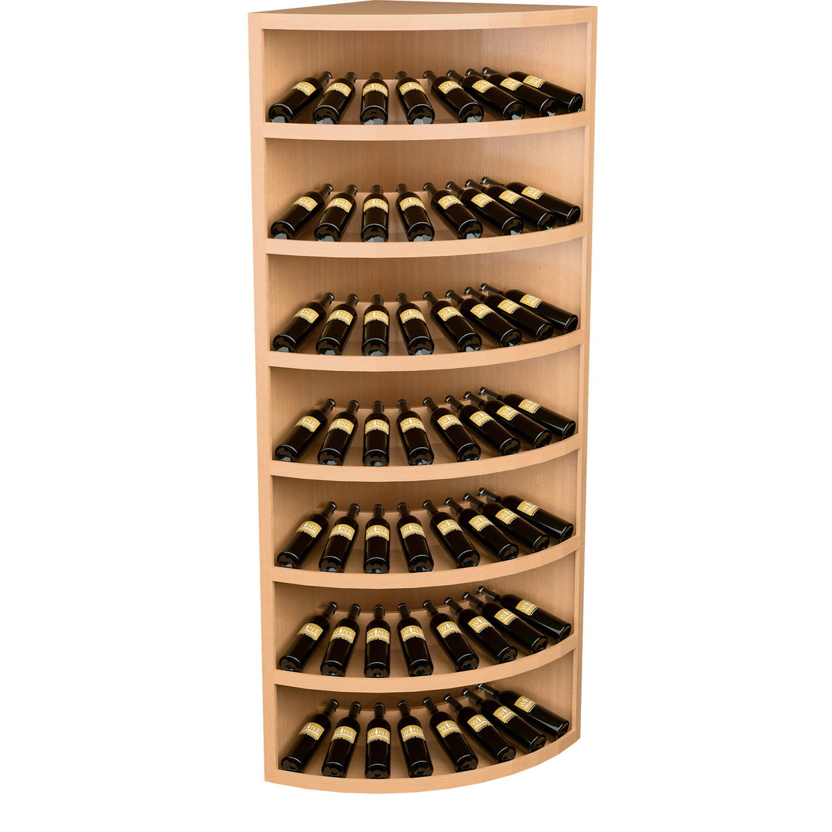 Light wood 7-tier curved wine display rack with multiple shelves for bottle storage