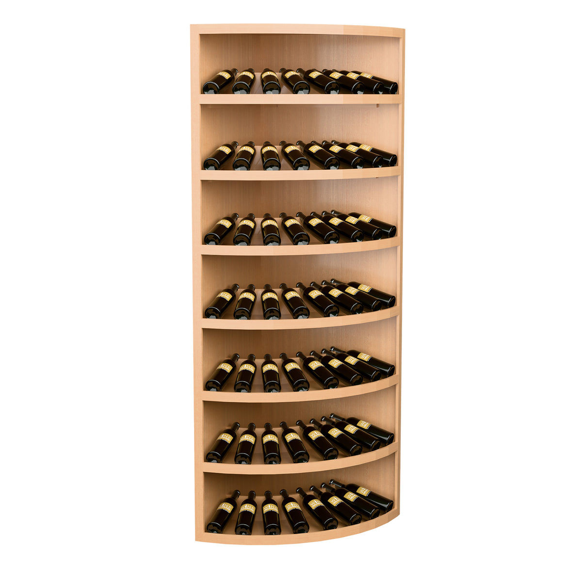 Light wood 7-tier wine display rack with rounded shelves and stacked bottle rows