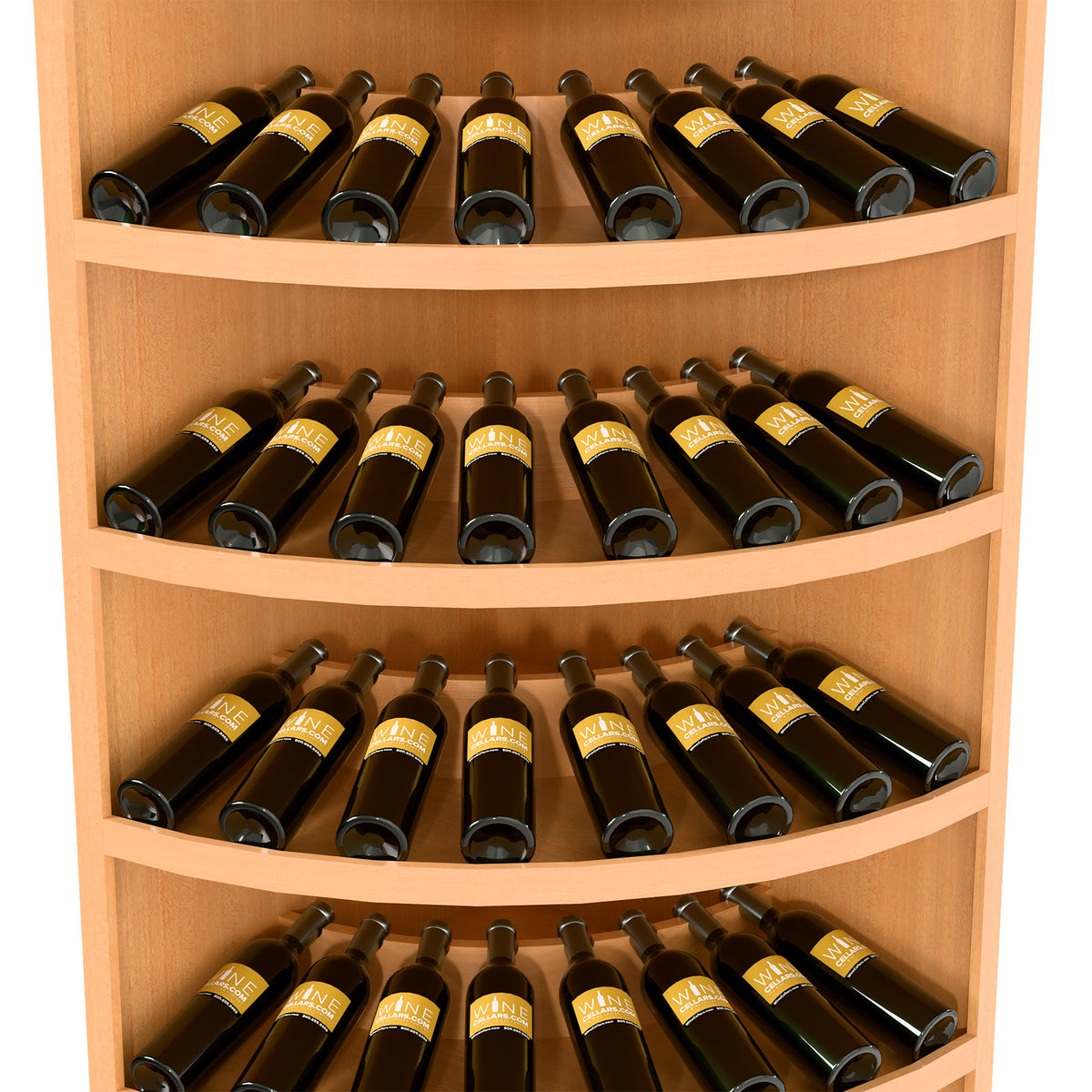 7-tier corner wine bottle display with curved shelves and dark wine bottles, light wood finish